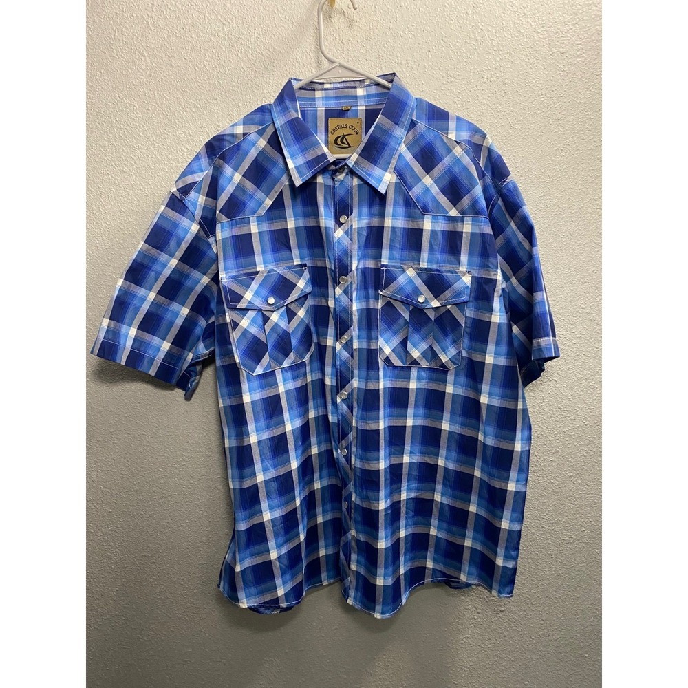 Coevals Club Mens XXL Blue Plaid Western Snap Short Sleeve Shirt Pearl Snap Yoke